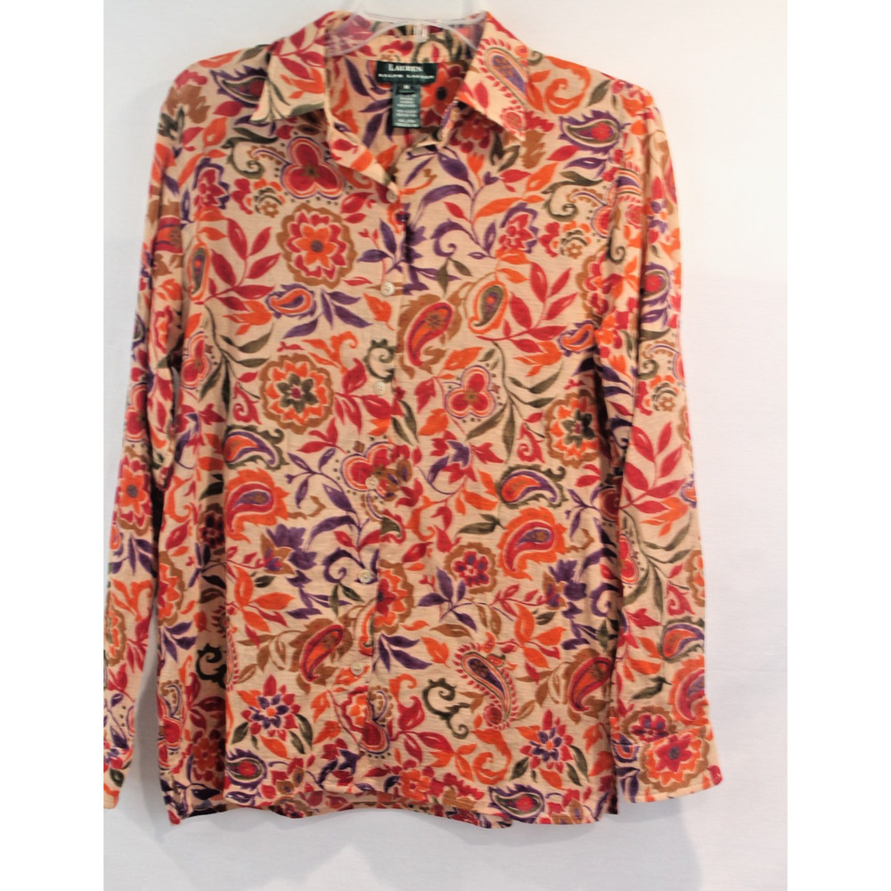Lauren Ralph Lauren Cotton Top Womens size M Beige Floral Festive Summer Blouse